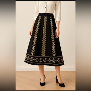 Sunny Taylor flared no-belt embroidered midi skirt black gold embroidery 8